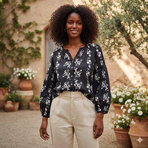 Jennifer & Grace Women's Large Black & White Floral Embroidered Cotton Boho Top